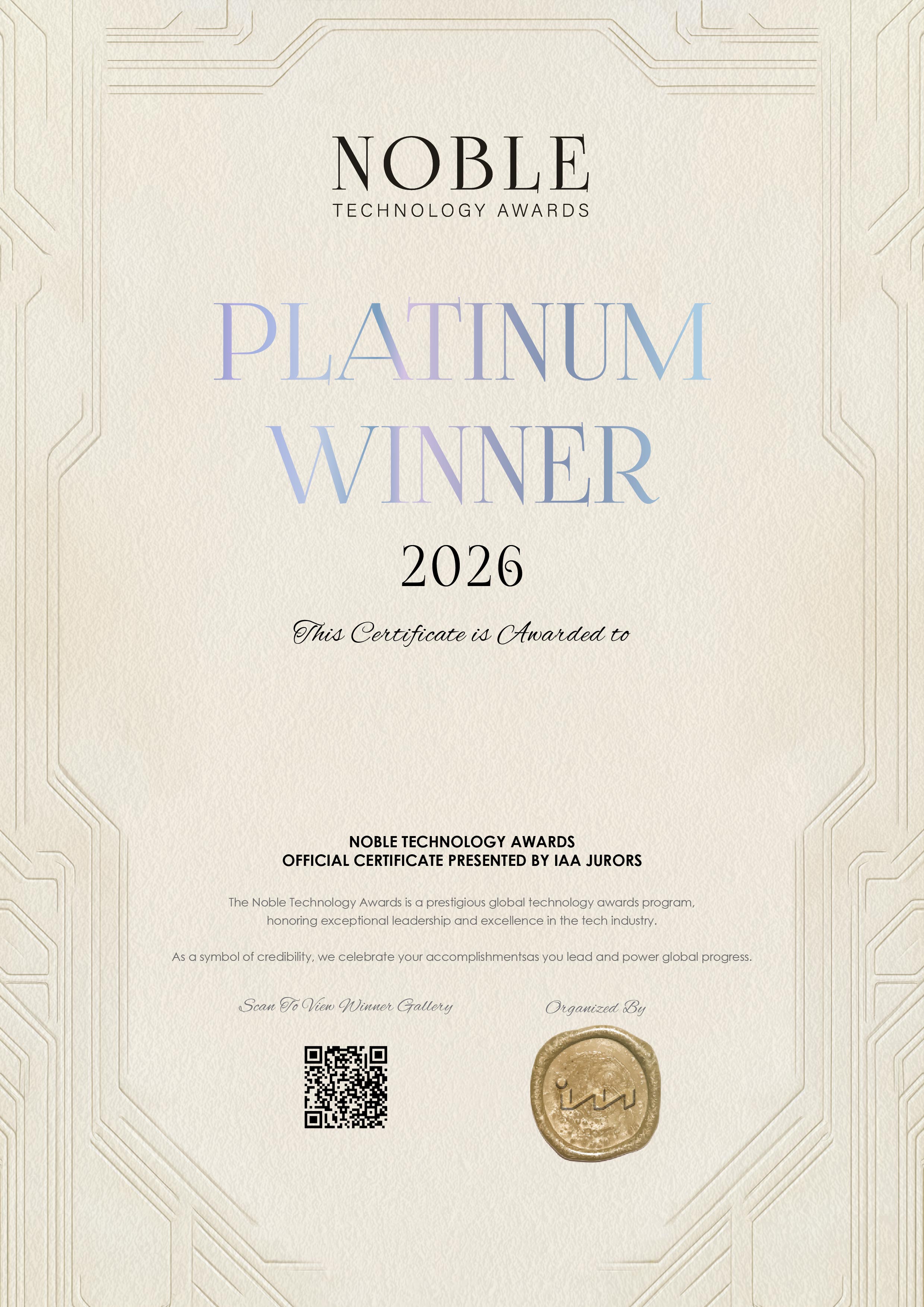 Noble Technology Awards Certificate